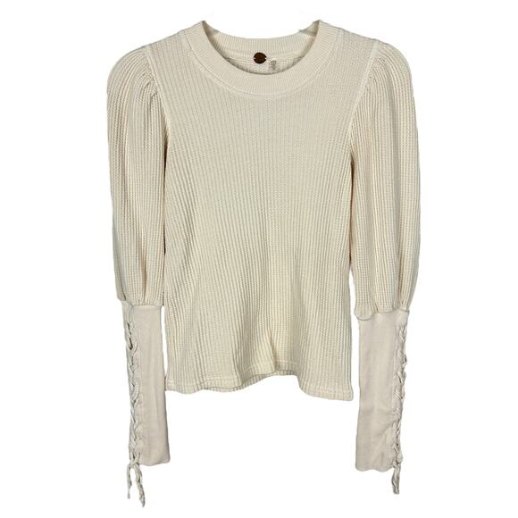Free People One Cream Long Sleeve Puff Shoulder Minimalist Lace Cuff Thermal XS - Picture 1 of 7